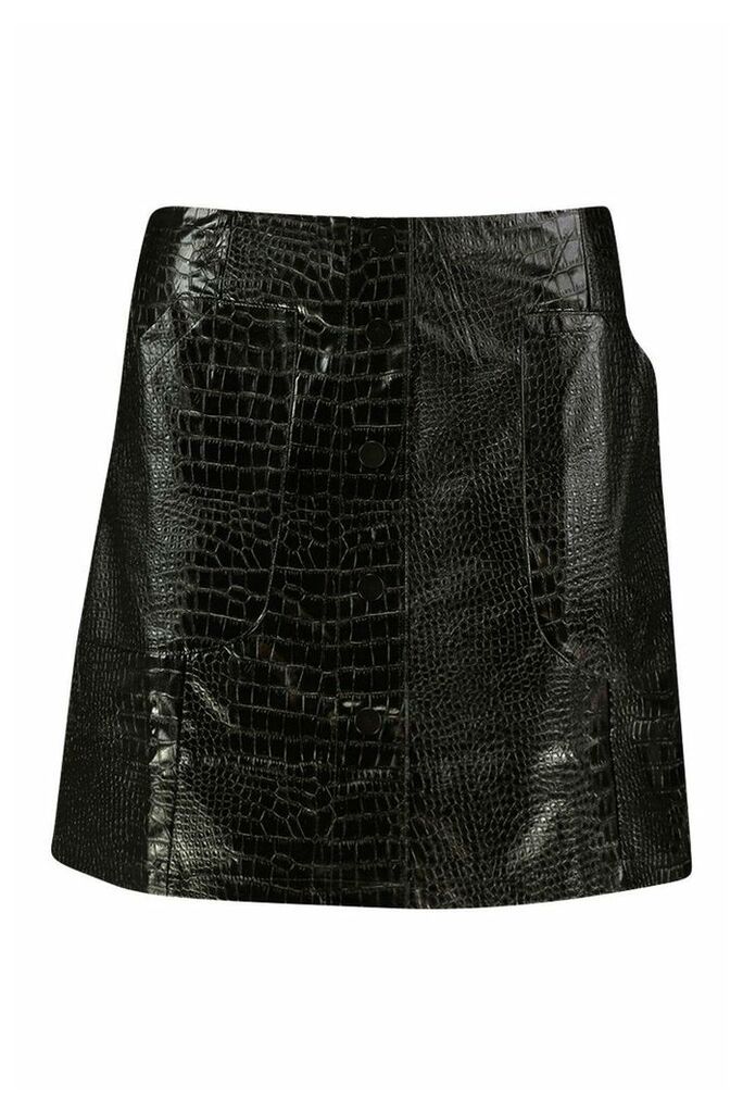 Womens Mock Croc Pocket Detail Leather Look Mini Skirt - black - 14, Black