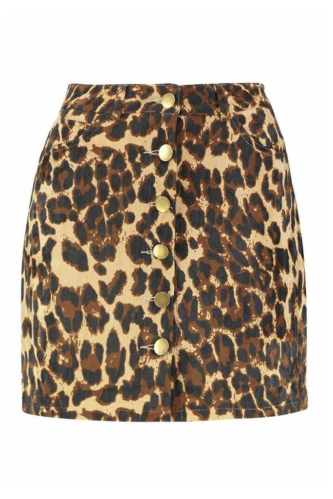 Womens Leopard Cord Button Through A Line Mini Skirt - multi - 14, Multi