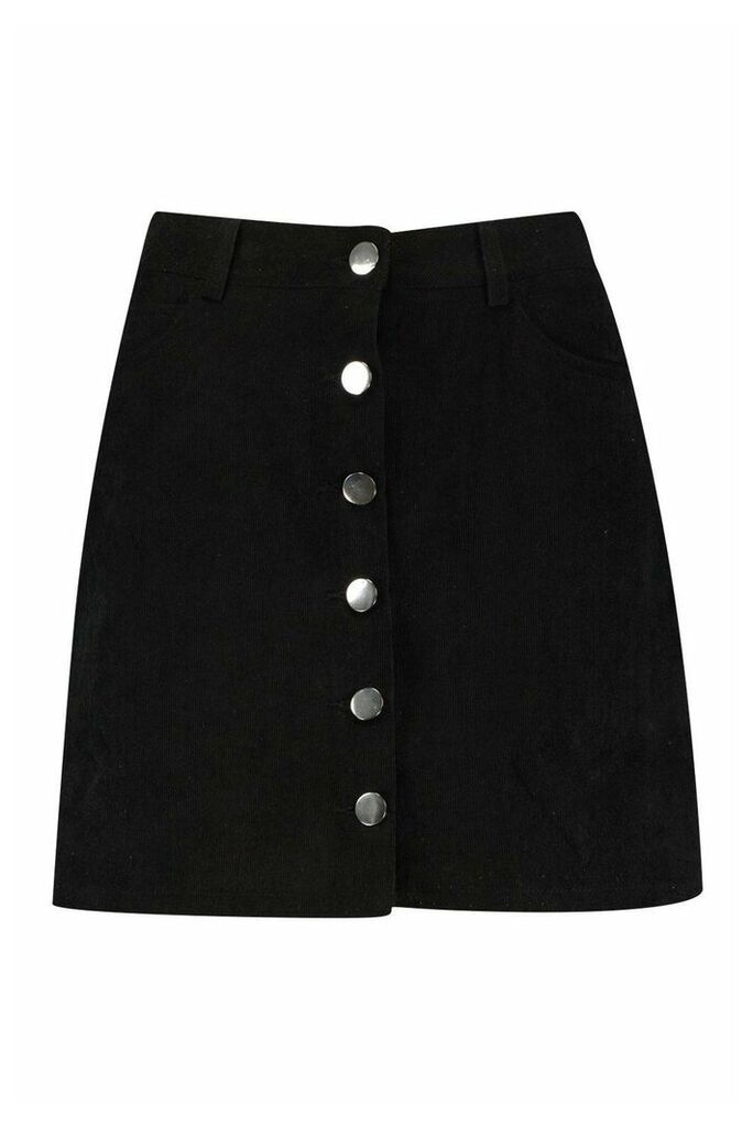 Womens Button Through Cord A Line Mini Skirt - Black - 8, Black