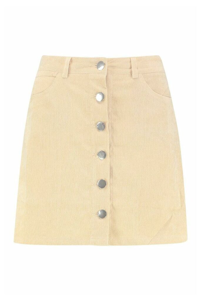 Womens Button Through Cord A Line Mini Skirt - Cream - 16, Cream