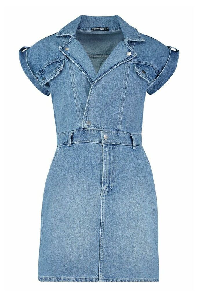Womens Belted Double Breasted Denim Dress - Blue - 10, Blue