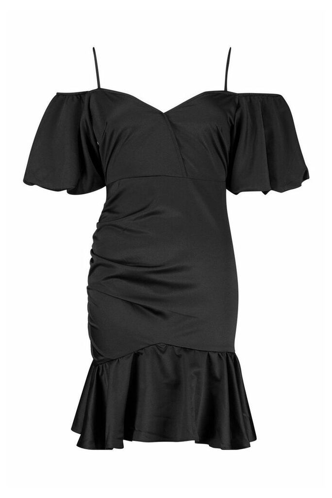 Womens Volume Sleeve Rouched Skirt Satin Dress - Black - 14, Black