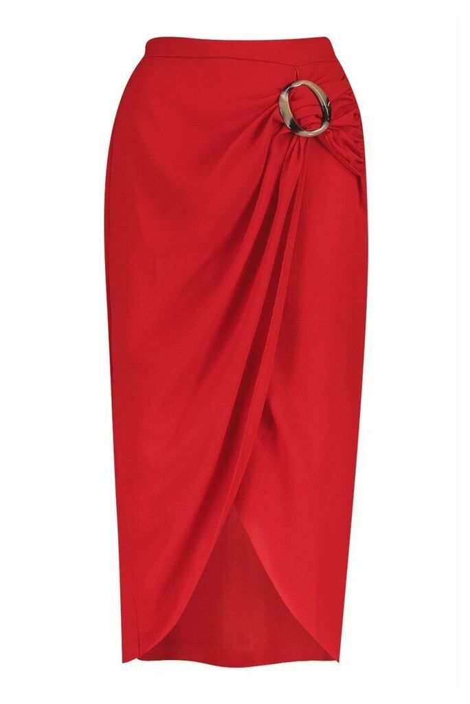 Womens Buckle Detail Wrap Midi Skirt - red - 10, Red