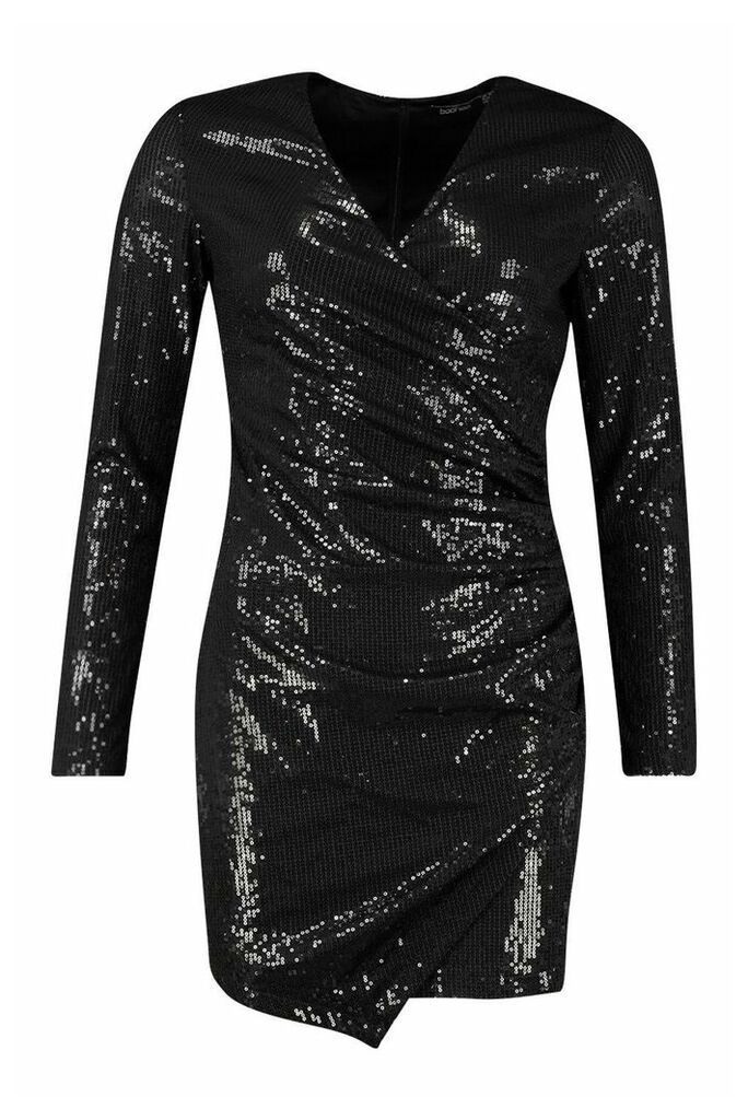 Womens Sequin Wrap Front Mini Dress - Black - 8, Black