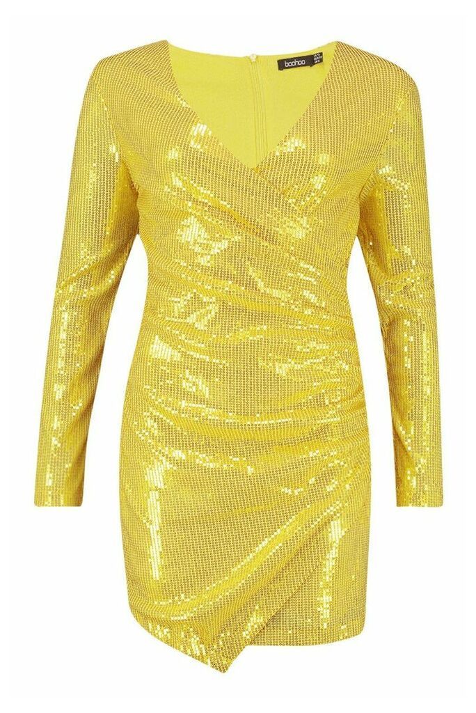 Womens Sequin Wrap Front Mini Dress - Yellow - 8, Yellow