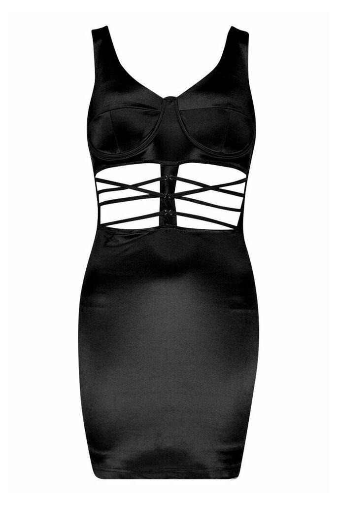 Womens Stretch Satin Lace Up Front Mini Dress - black - 12, Black