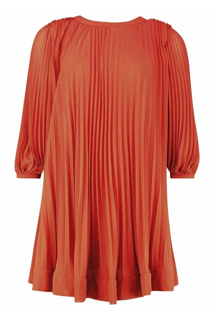 Womens Pleated Swing Dress - Orange - 10, Orange