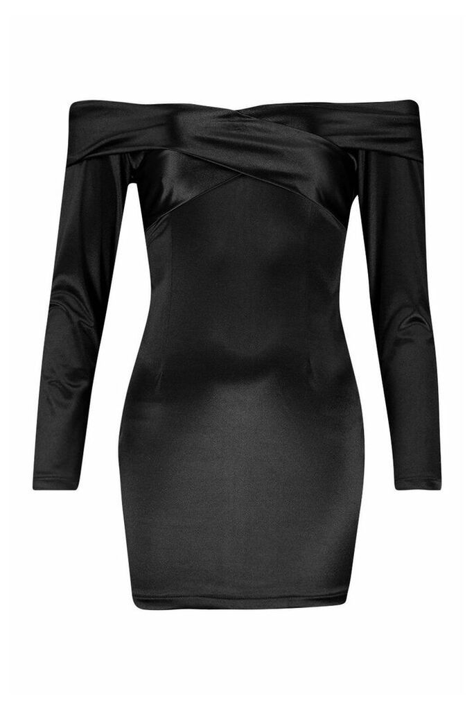 Womens Off The Shoulder Stretch Satin Mini Dress - black - 8, Black