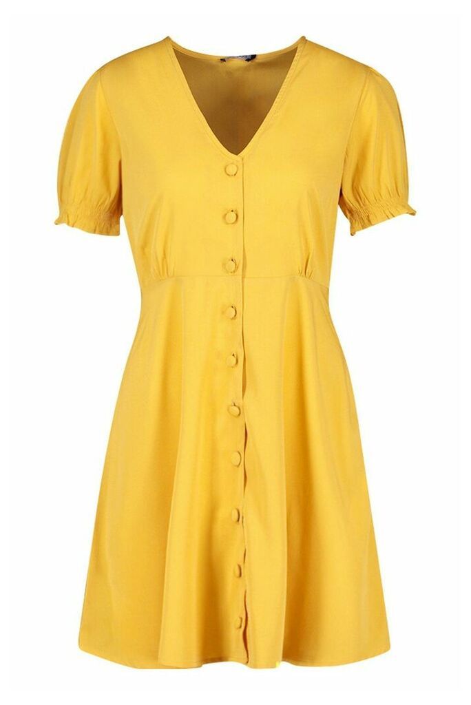 Womens Woven Sheered Sleeve Button Shift Dress - yellow - 8, Yellow
