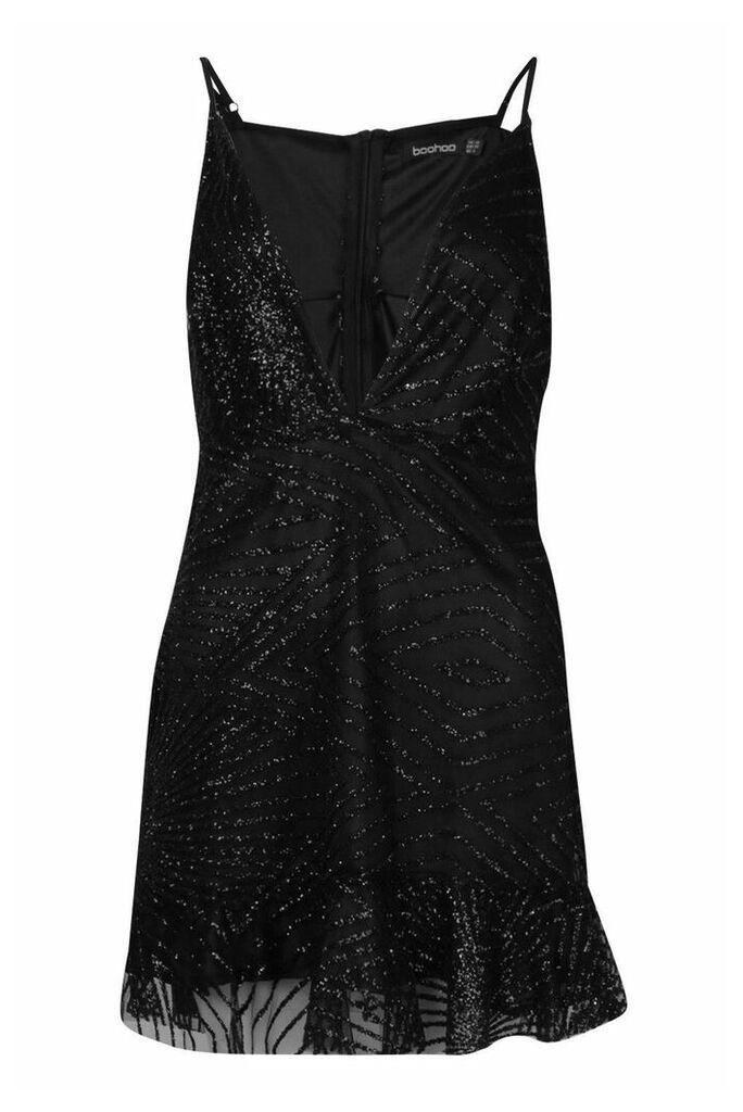 Womens Sparkle Strappy Plunge Drop Hem Mini Dress - black - 14, Black
