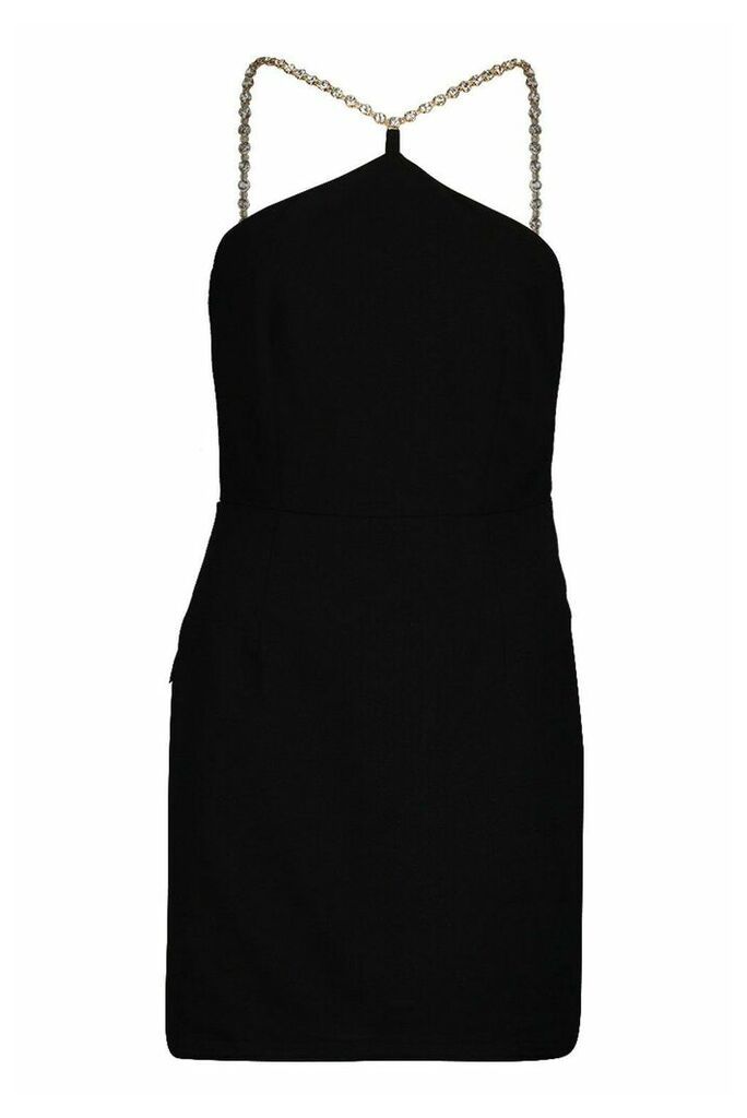 Womens Diamante Strap Back Mini Bodycon Dress - black - 12, Black