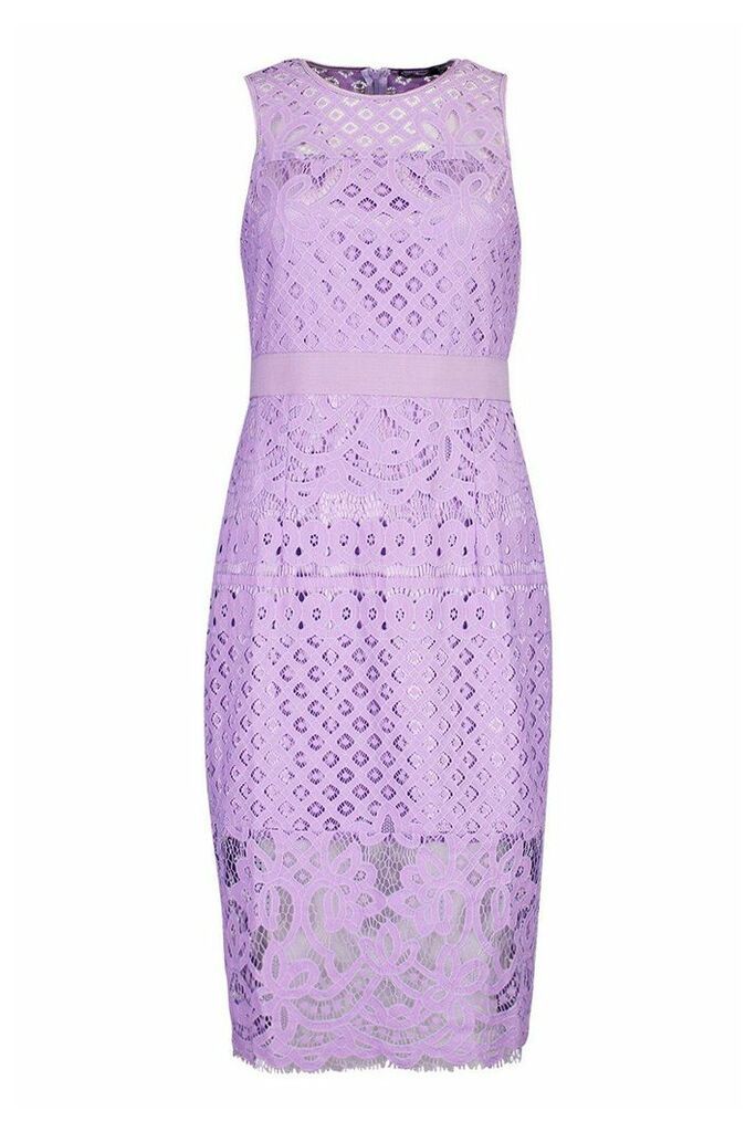 Womens All Over Crochet Lace Midi Dress - Purple - 6, Purple