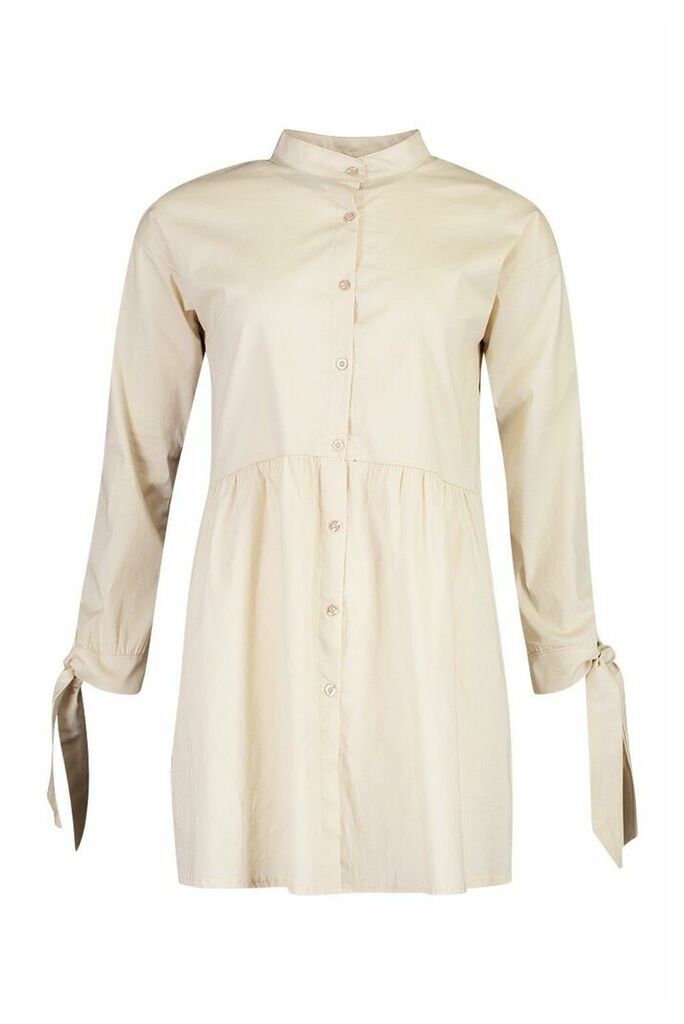 Womens Button Through Cotton Shirt Smock Dress - beige - 8, Beige