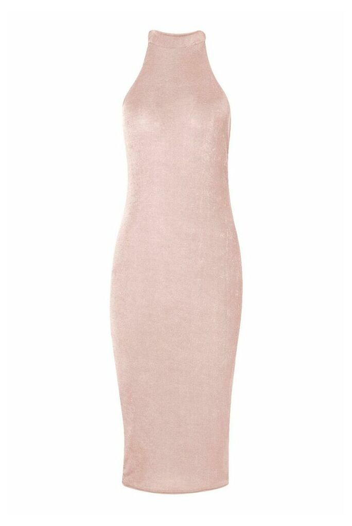 Womens Textured Slinky High Neck Midi Dress - Pink - 12, Pink