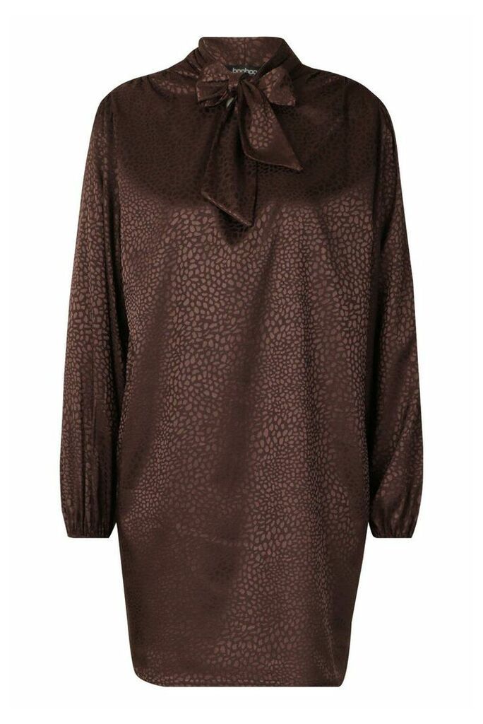 Womens Pussy Bow Jacquard Shift Dress - Brown - 10, Brown