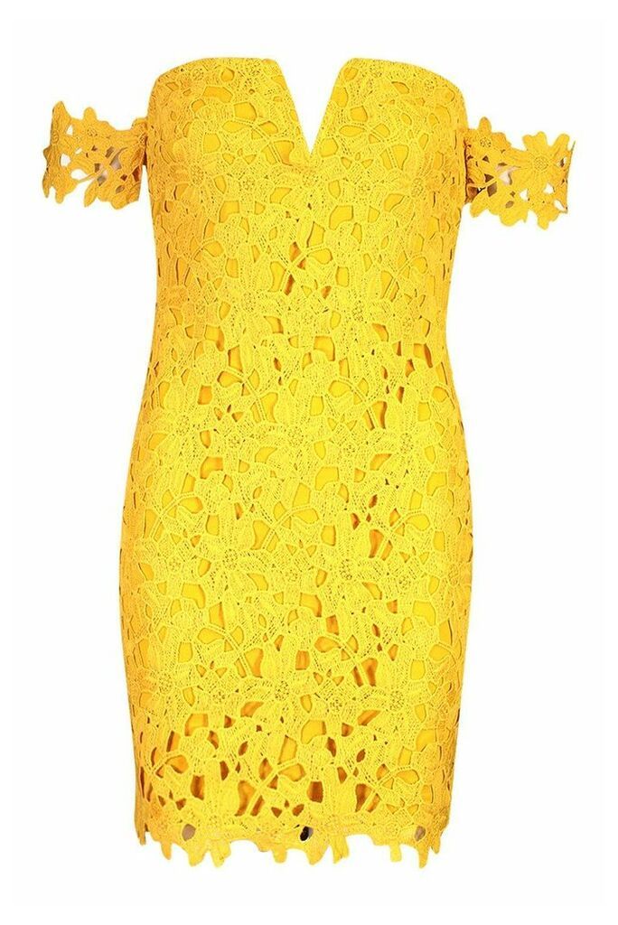 Womens Off The Shoulder V Bar Lace Mini Dress - yellow - 14, Yellow