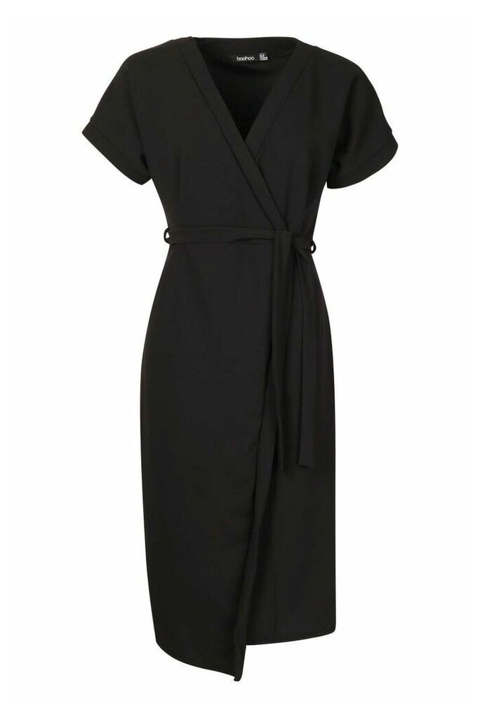 Womens Wrap Button Belted Midi Dress - Black - 6, Black