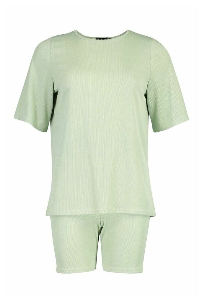 Womens Oversized T-Shirt & Cycling Short Co-Ord Set - Green - 14, Green