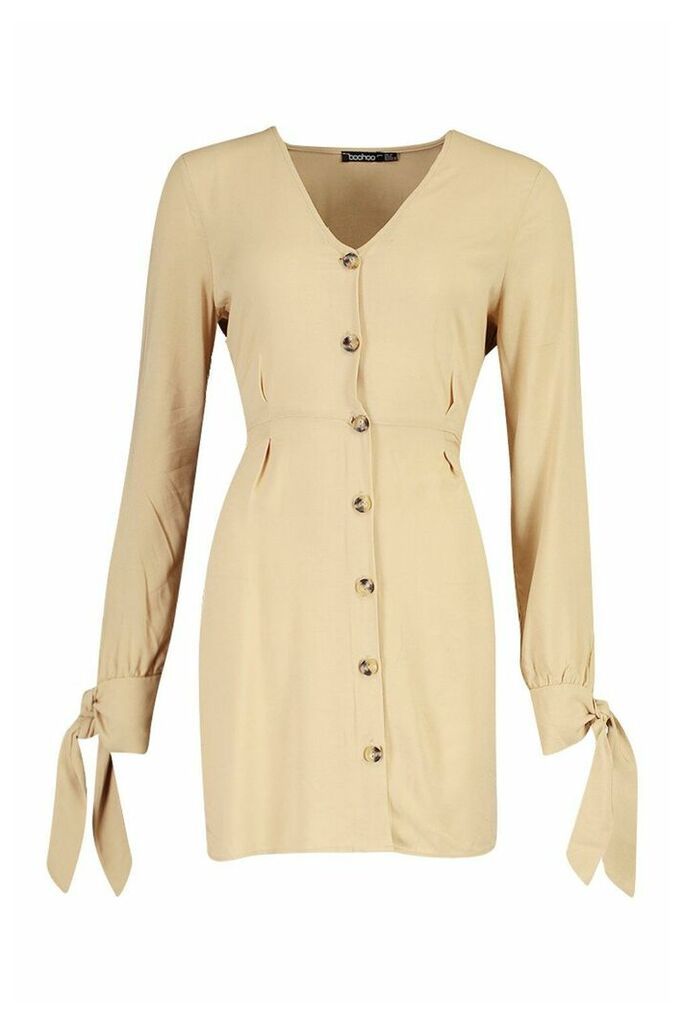 Womens Button Front Fit & Flare Mini Dress - Beige - 10, Beige