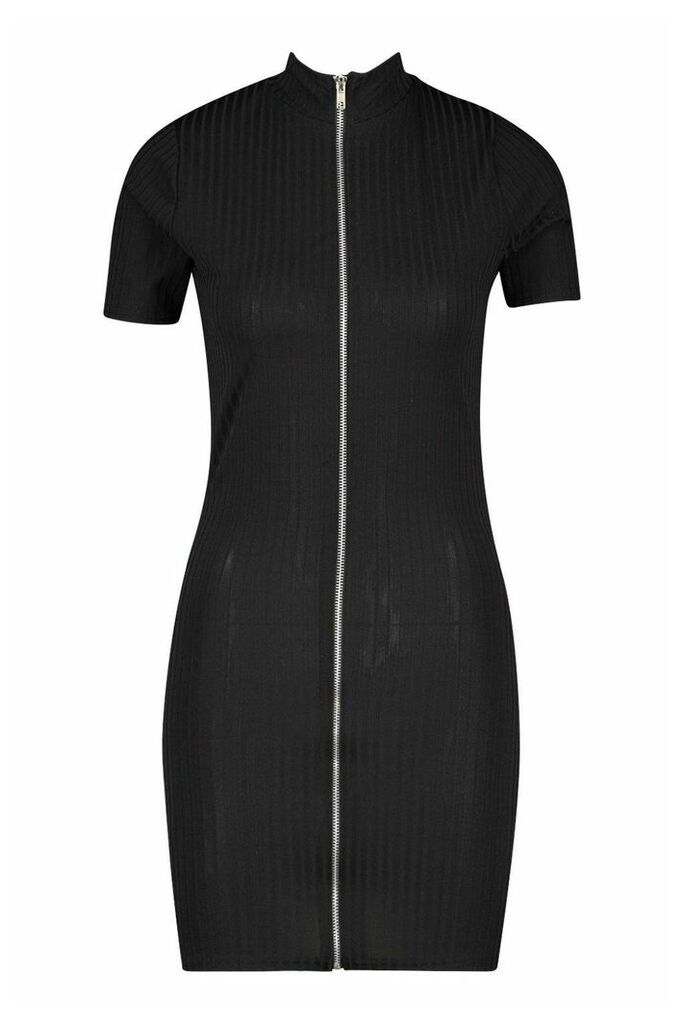 Womens High Neck Rib Zip Mini Dress - black - 12, Black