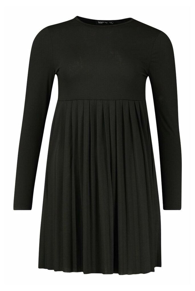 Womens Long Sleeve Pleated Smock Dress - black - 16, Black