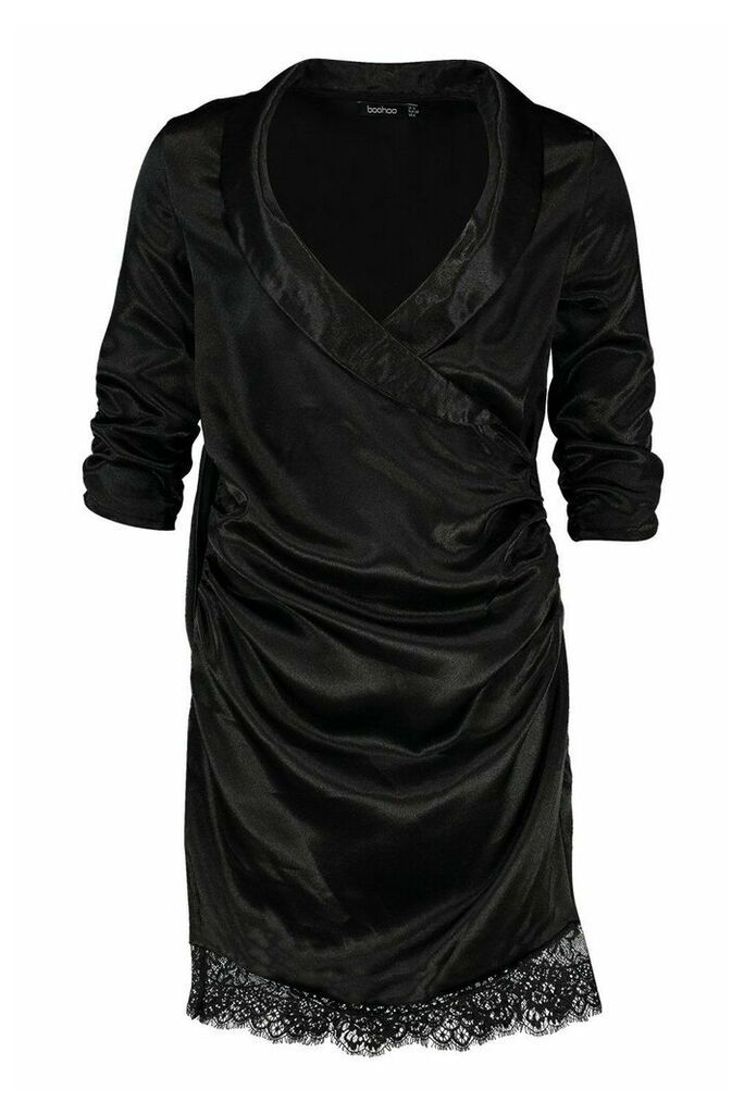Womens Satin Lace Trim Shirt Dress - Black - 10, Black