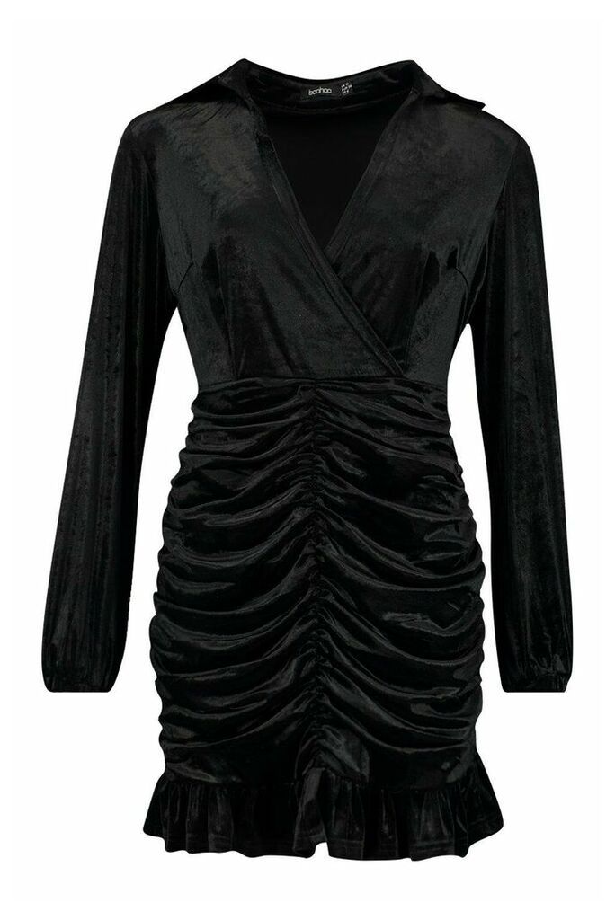 Womens Velvet Rouche Front Wrap Shirt Dress - black - 14, Black