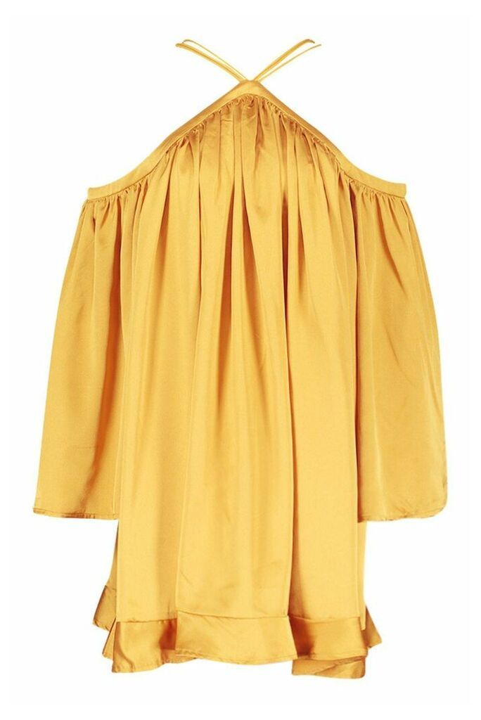 Womens Satin Strappy Extreme Wide Sleeve Swing Dress - yellow - 10, Yellow