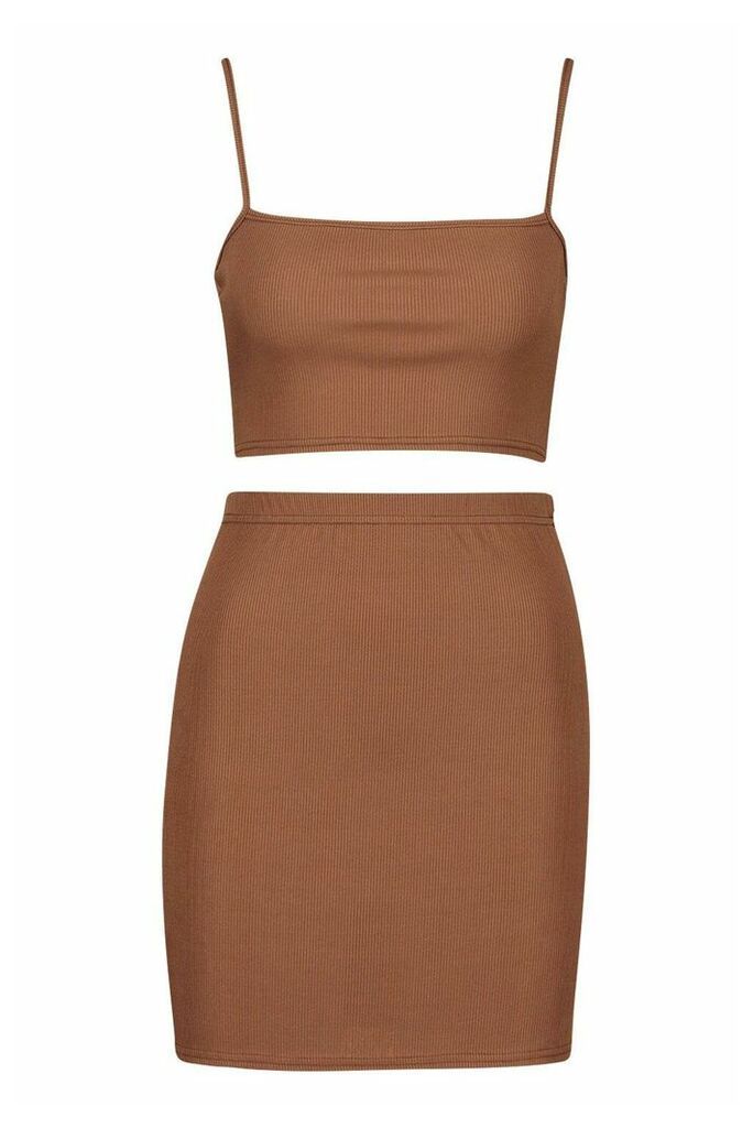 Womens Strappy Rib Crop Top & Mini Skirt Co-ord - brown - 14, Brown