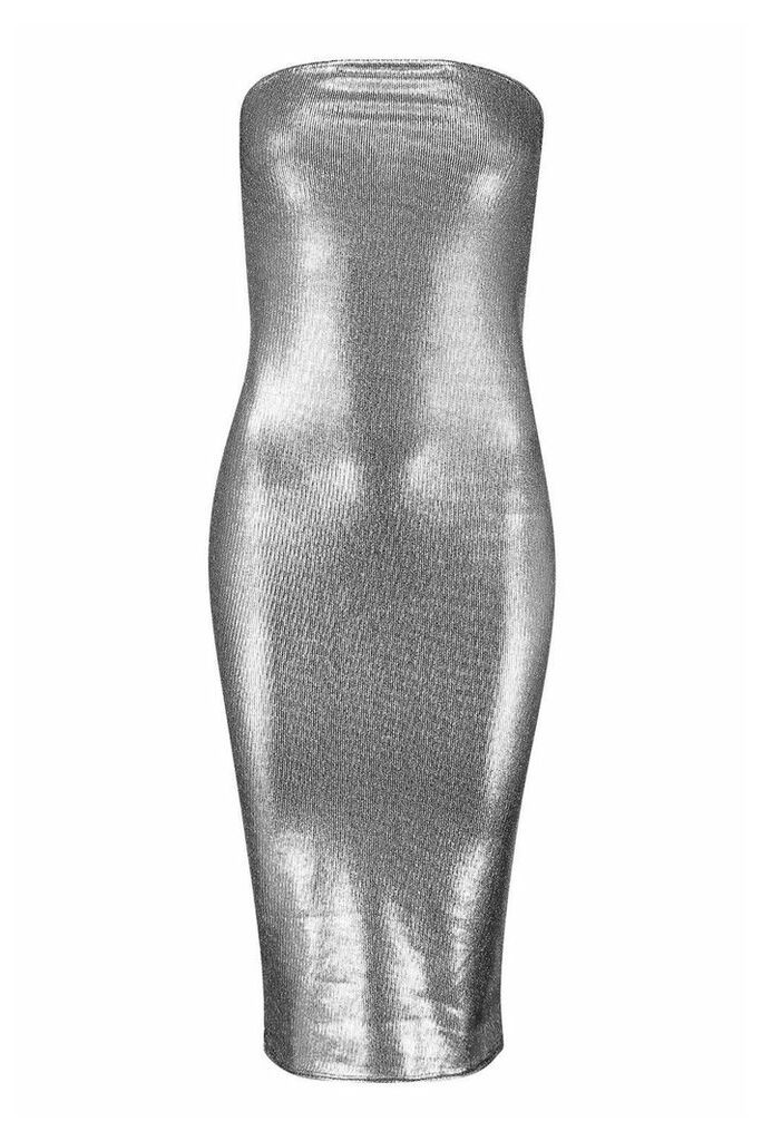 Womens Metallic Bandeau Midi Dress - Grey - 16, Grey