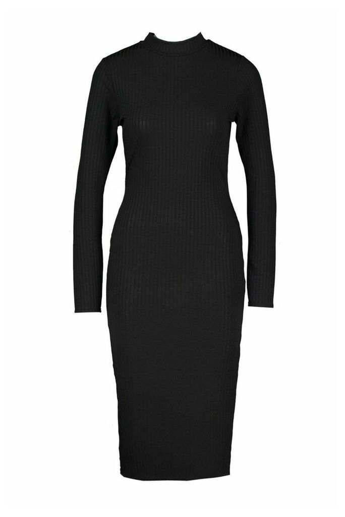 Womens Jumbo Rib Long Sleeve Split Side Midi Dress - black - 6, Black