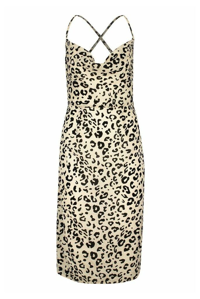Womens Cowl Front Leopard Print Midi Dress - Beige - 10, Beige
