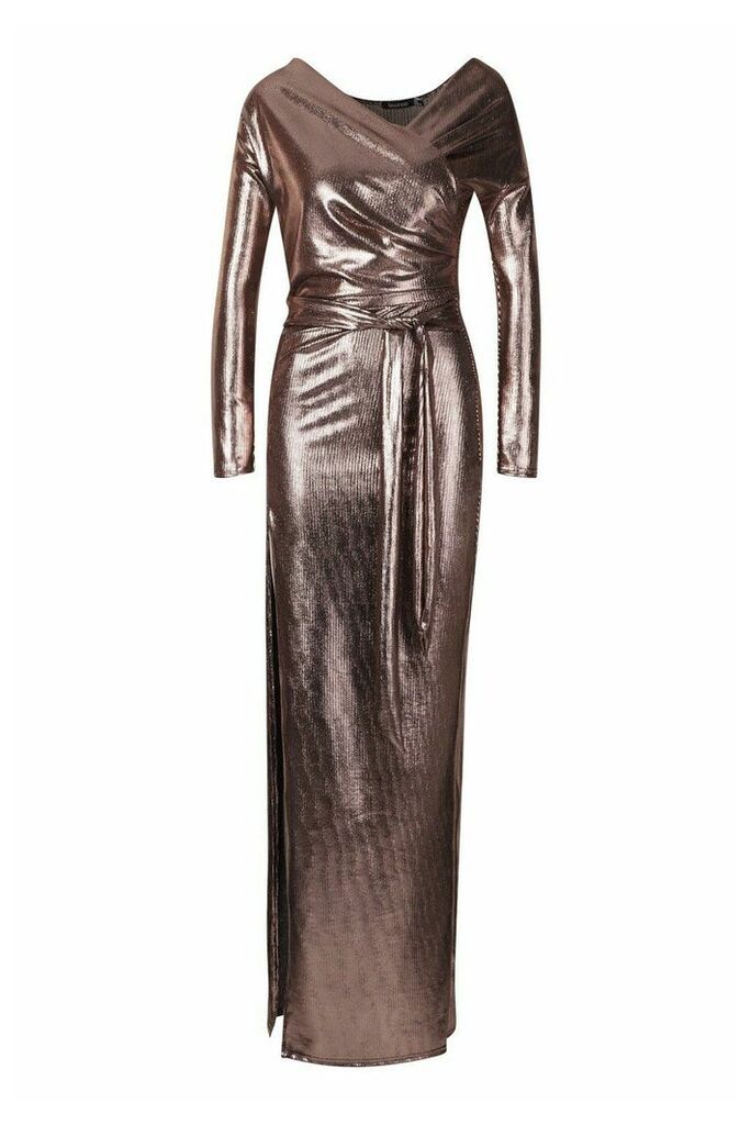 Womens Metallic Off The Shoulder Split Maxi Dress - Brown - 6, Brown