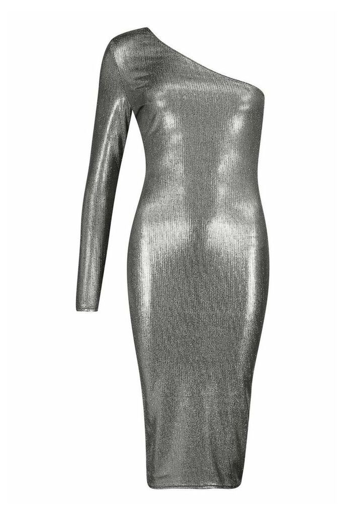 Womens Metallic One Shoulder Midi Dress - Grey - 10, Grey