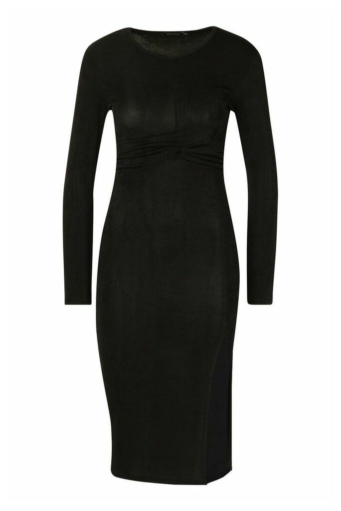 Womens Textured Slinky Twist Detail Midi Dress - black - 6, Black