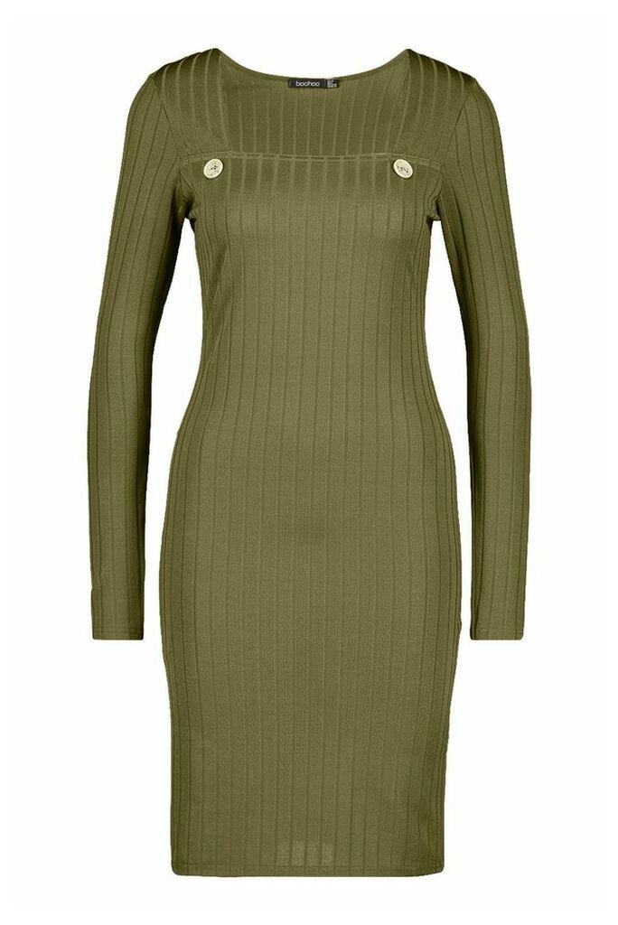 Womens Recycled Wide Rib Midi Dress With Button Detail - Green - 10, Green