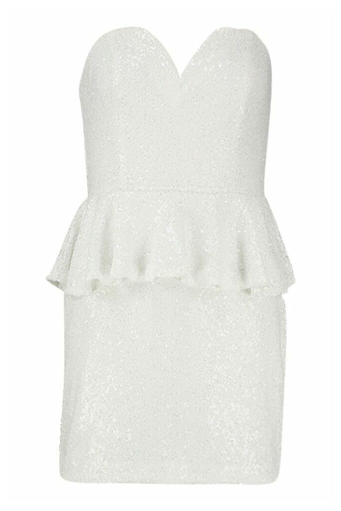 Womens Sequin Peplum Mini Dress - White - 14, White