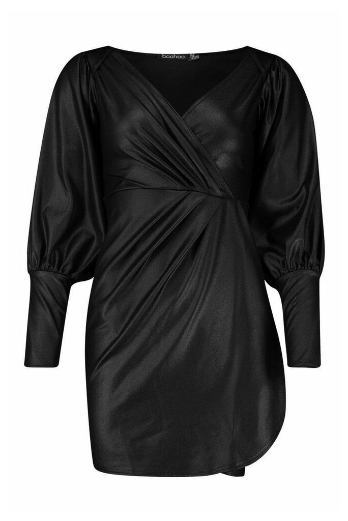 Womens Wet Look Gathered Wrap Mini Dress - black - 8, Black