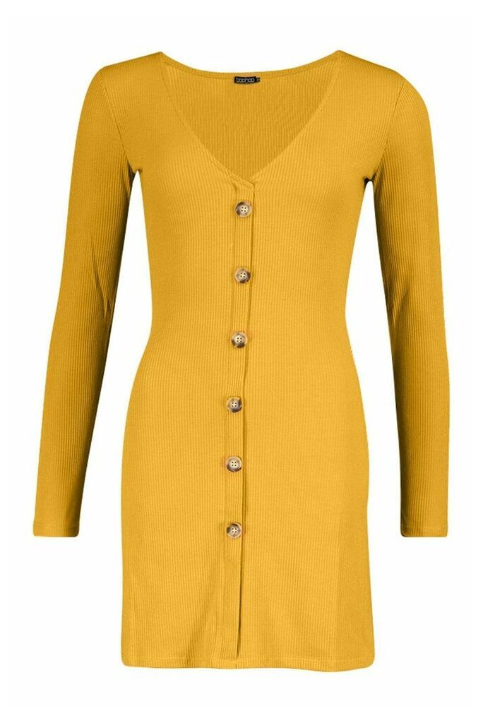 Womens V-Neck Button Through Shift Dress - yellow - XS, Yellow