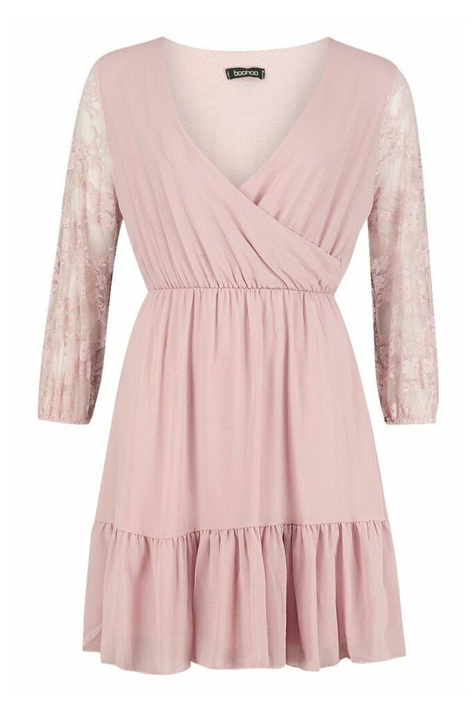 Womens Woven Lace Sleeve Wrap Skater Dress - pink - 14, Pink
