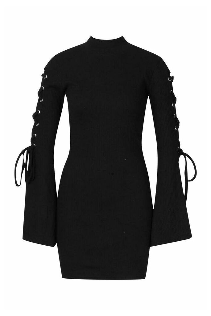 Womens Premium Rib Flare Sleeve Bodycon Mini Dress - black - 12, Black