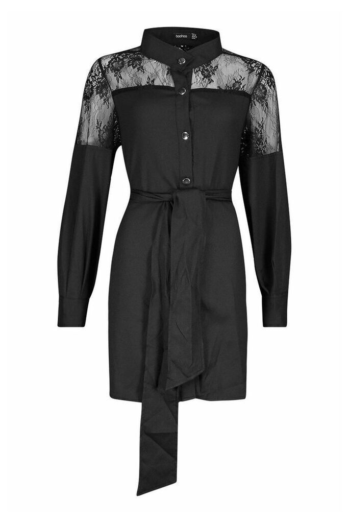 Womens Lace Insert Swing Shirt Dress - black - 8, Black