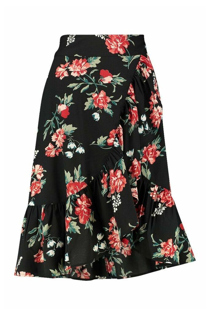 Womens Wrap Front Large Floral Ruffle Midi Skirt - red - 14, Red