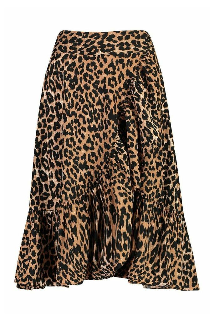 Womens Wrap Front Leopard Print Ruffle Midi Skirt - Multi - 8, Multi