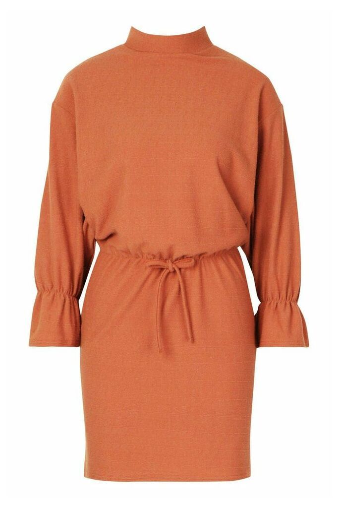 Womens Funnel Neck Tie Sleeve Detail Shift Dress - Orange - 16, Orange