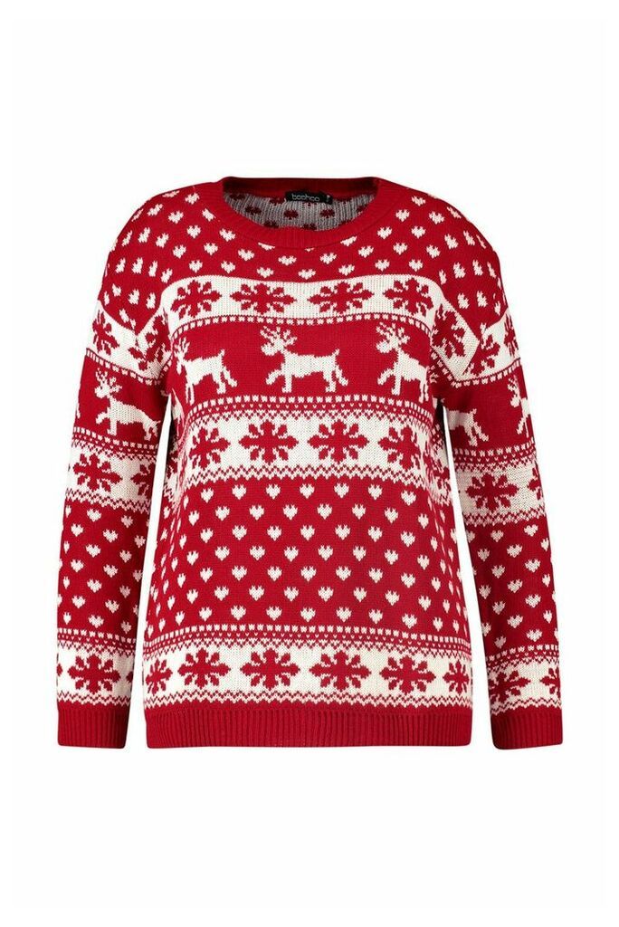 Womens Plus Snowflake and Reindeer Christmas Jumper - red - 20-22, Red
