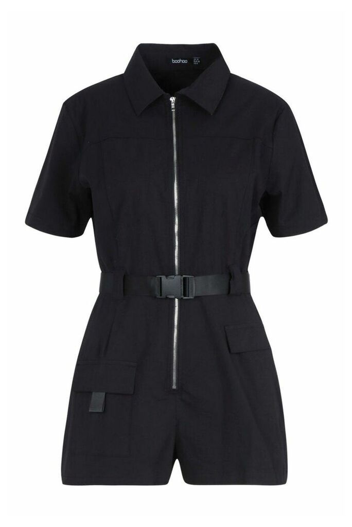 Womens Utility Safety Buckle Cargo Playsuit - black - 8, Black
