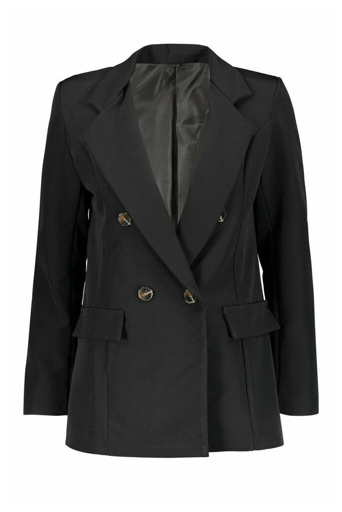 Womens Double Breasted Horn Button Blazer - black - 14, Black