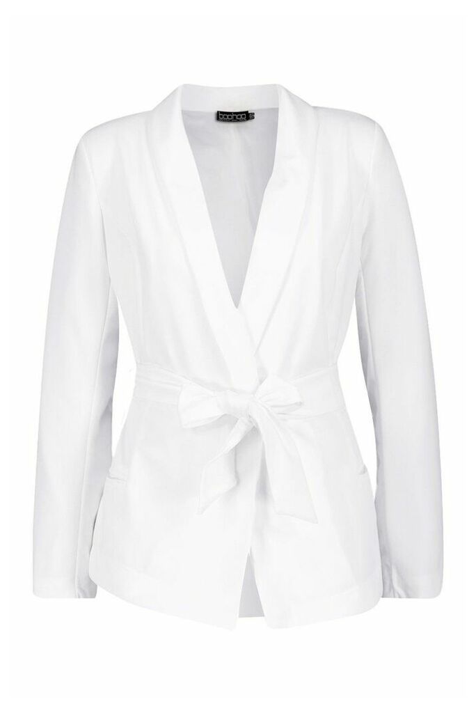 Womens Petite Tie Waist Blazer - white - 8, White