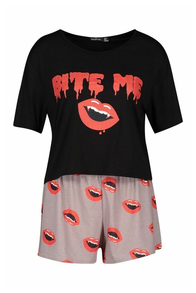 Womens Halloween Bite Me Pyjama Short Set - black - 6, Black